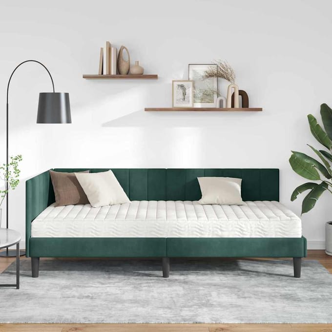 vidaXL - Hoekbedframe - met - Matras - 2 - st - Donkergroen - 90 - x - 200 - cm - Fluweel