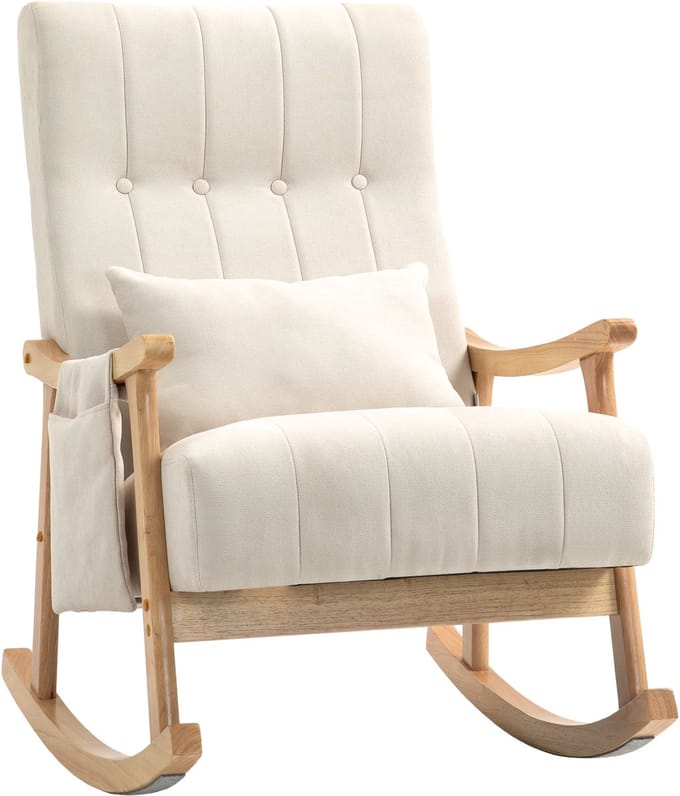 HOMCOM - Schommelstoel - Linnenlook - Hout - met Lendenkussen - Beige