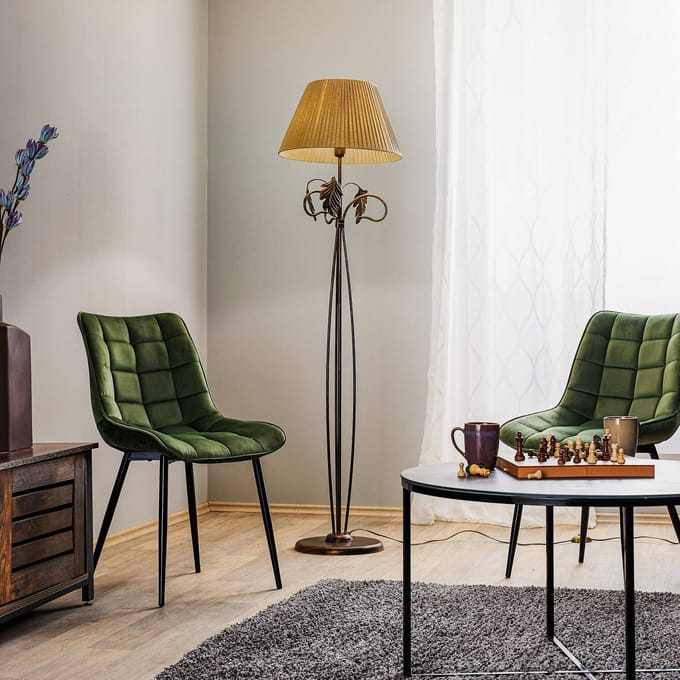 ONLI Vloerlamp Quercia, stoffen kap en eikenbladeren