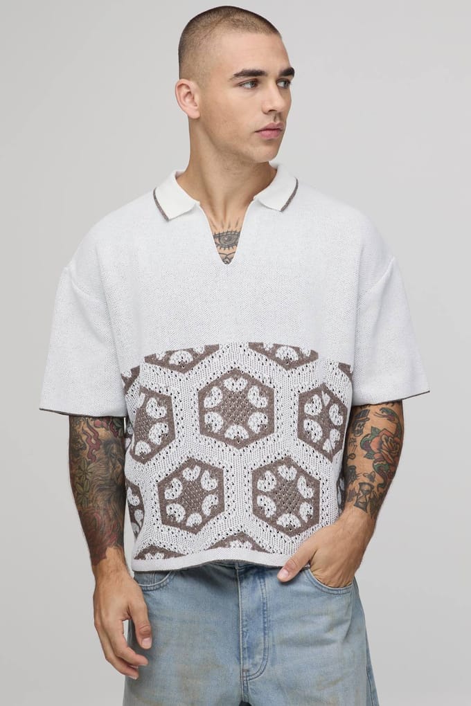 Oversized Boxy Spliced Crochet Tapestry Knitted Polo T-Shirt | Burgundy | Size Medium