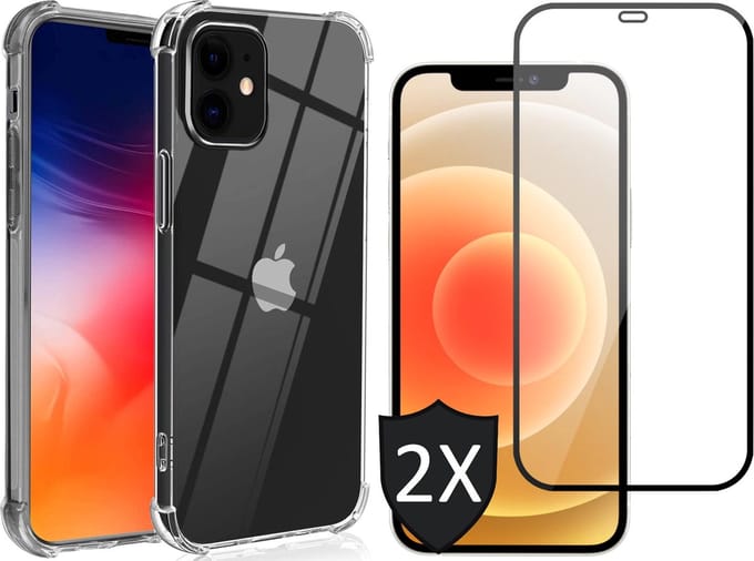 Hoesje geschikt voor iPhone 12 Mini - Transparant Siliconen Shockproof Case + 2x Screen Protector Glas Full