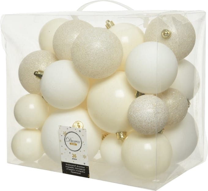 Decoris Kerstballen - 26x st - wol wit - 6-8-10 cm - kunststof - kerstversiering