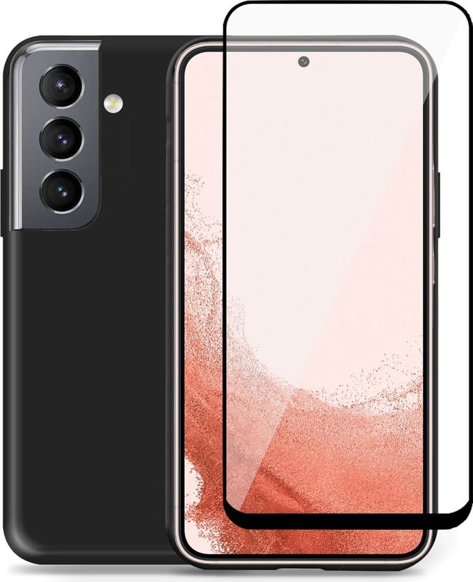 Hoesje geschikt voor Samsung S22 Plus + Screenprotector – Full Screen Tempered Glass - Liquid Back Case Cover Zwart