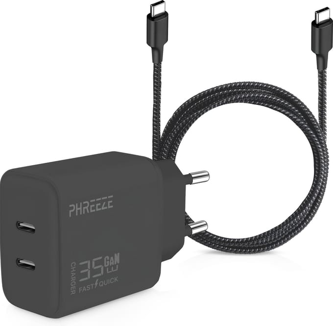 Usb adapter 2 poorten + usb C kabel 2 meter - Snellader - Tegelijk opladen - Oplader - Adapter - Stekker - Oplaadkabel - Usb C naar usb C - GaN