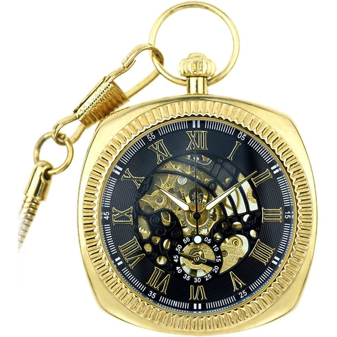 Mechanisch gouden vintage skelet vierkant open-face zakhorloge