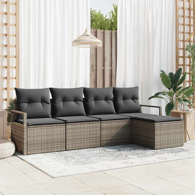 vidaXL Bankstel met kussen met opslag 5 pcs Grijs poly rattan