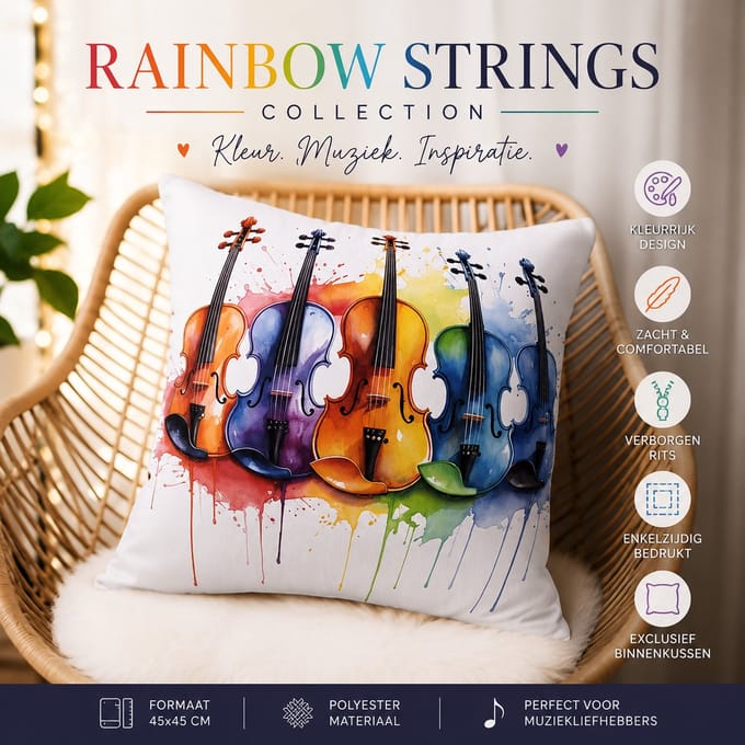 Rainbow Strings Collection Kussenhoes - regenboog violen - viool - 45x45 cm