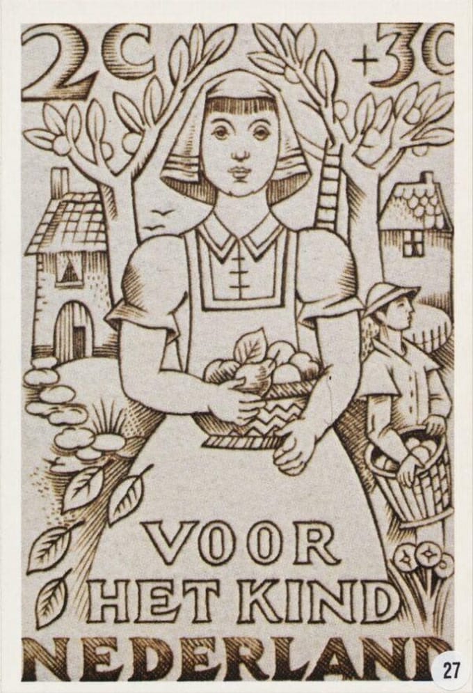 Briefkaart met afbeelding zinnebeeldige voorstelling van een meisje in de herfst postzegel