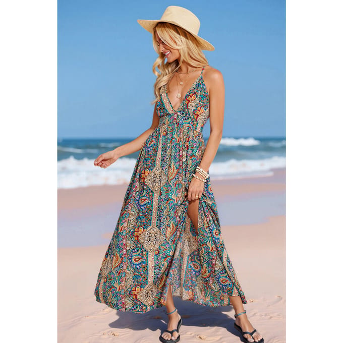 Boho Paisley Maxi Jurk met Diepe Decolleté