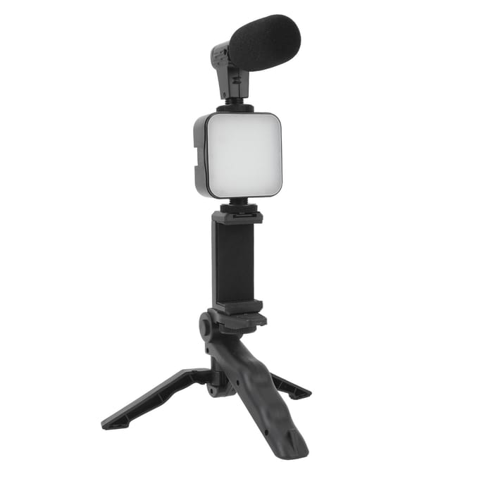 Kit vidéo vlog pour smartphone, éclairage LED, trépied, microphone, contrôleur, réduction du bruit black