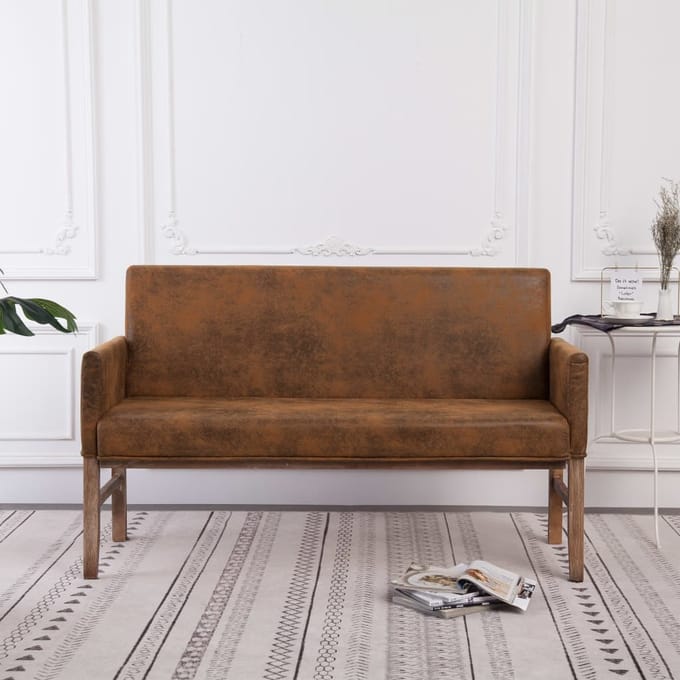 vidaXL - Bankje - met - armleuning - 140 - cm - kunstsuède - bruin