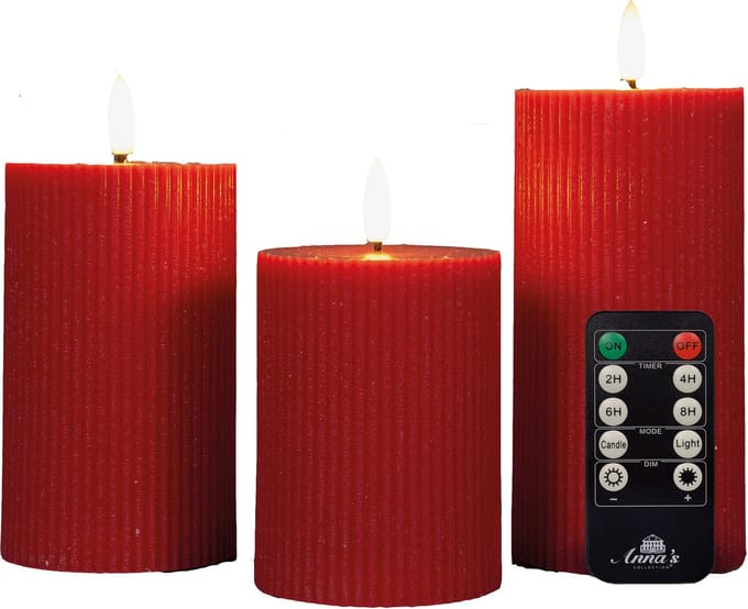 Anna Collection LED stompkaarsen - 3x - rood - ribbel