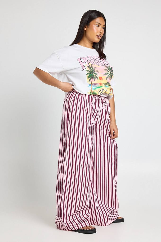 boohoo Dames Plus Gestreepte Poplin Wijde Broek Met Trekkoord | Roze | Maat: 44