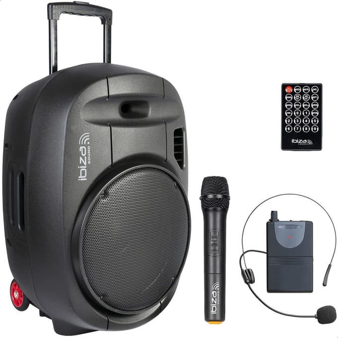 Draagbare Luidspreker 15 inch - 800 Watt - Met 2 UHF Microfoons - Bluetooth - USB - SD - TWS - 6-8 Uur Autonomie