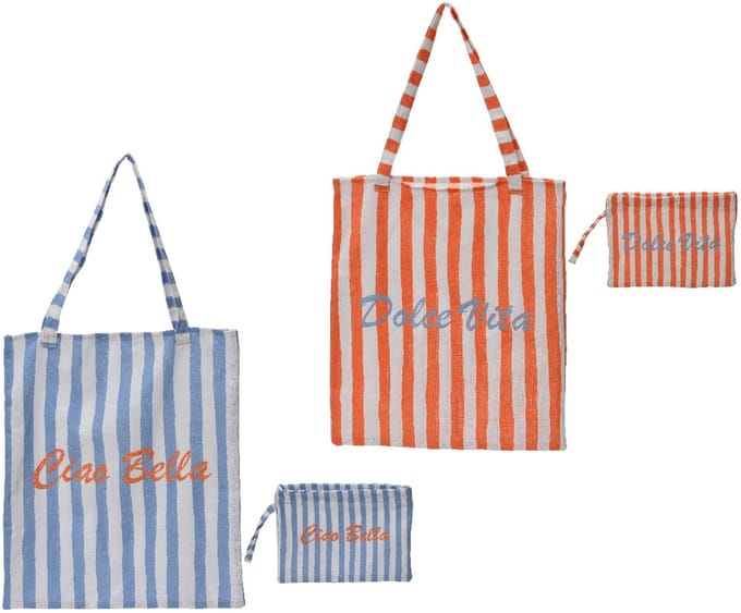 Decoris - Katoenen Shopper/Strandtas "Ciao Bella" - Set van 2 - Rood/Blauw - 44x38cm