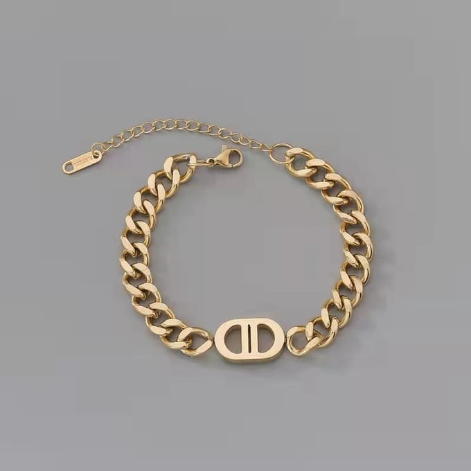 dames armband met ketting- goudkleurig staal armband-17+5 cm