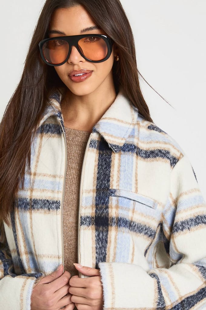 boohoo Dames Geruite Zip Wollen Look Jas | Blauw | Maat: 36