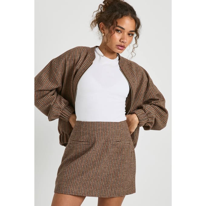 boohoo Dames Wool Look Check Mini Rok | Brown | Maat: 10