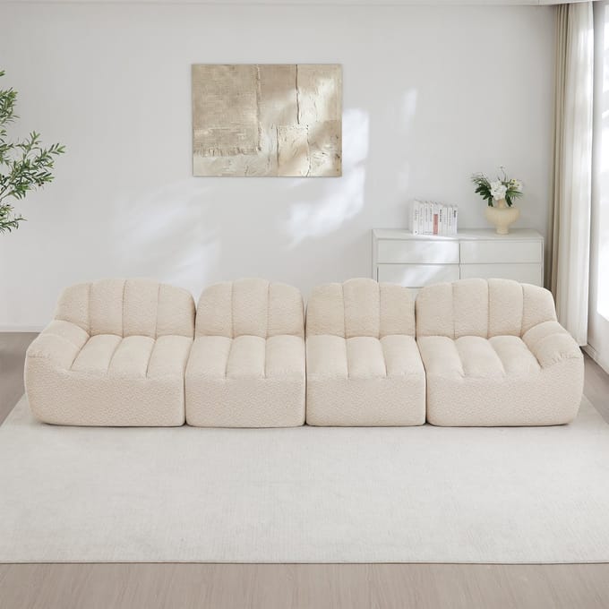 MODFU Modulaire Hoekbank - Frameloos En Ergonomisch - Modern - Woonkamer - Fleece Met Korrelstructuur - Beige-Wit