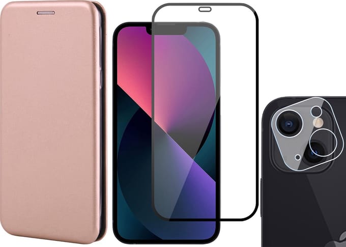 Hoesje geschikt voor iPhone 13 Mini - Portemonnee Book Case - Roségoud - Met Full Screenprotector en Camera Screen Protector