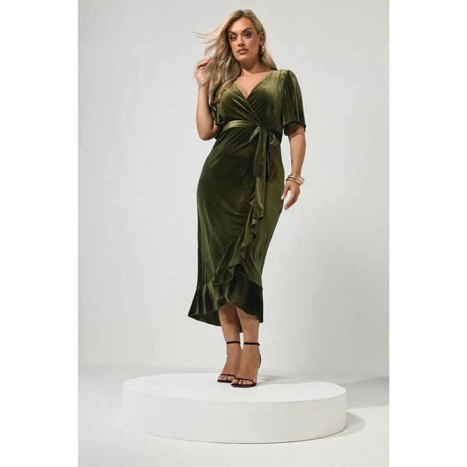 Yours London Groene Fluwelen Wikkeljurk Size 44