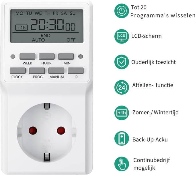 Quvo® Digitale Tijdschakelaar - Digitale schakelklok Met 20 Programma’s - Schakelklok Timer – Schakelklok Digitaal – Weektimer – Countdown Functie - Zomertijdschakeling - Wit - ‎13cm x 9cm x 7cm
