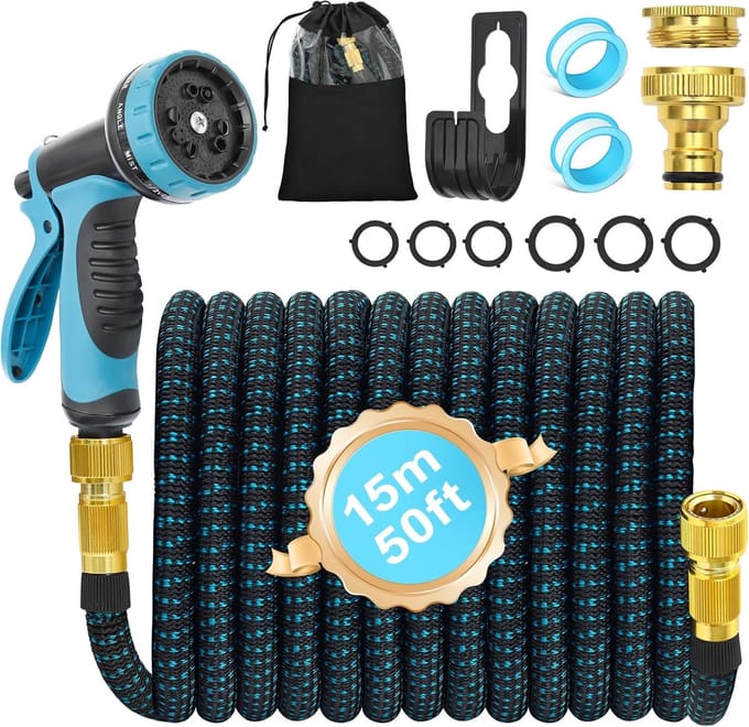 Flexibele tuinslang - Rekbare waterslang - Tuin water geven - Messing aansluitingen - 15 meter - Blauw