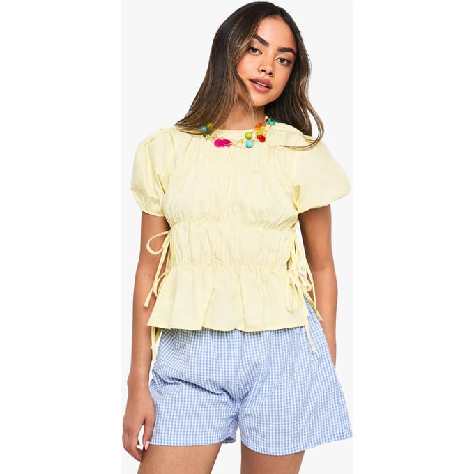 boohoo Dames Gerafeld poplin, smock met zijstrik | Lemon | Maat: 8