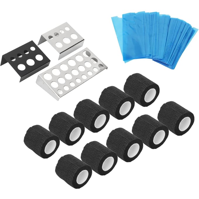 200 stuks Tattoo Machine Pen Covers 3 stuks Tattoo Inktbekerhouder Kleurenrek 10 stuks Tattoo Pen Elastiek blue