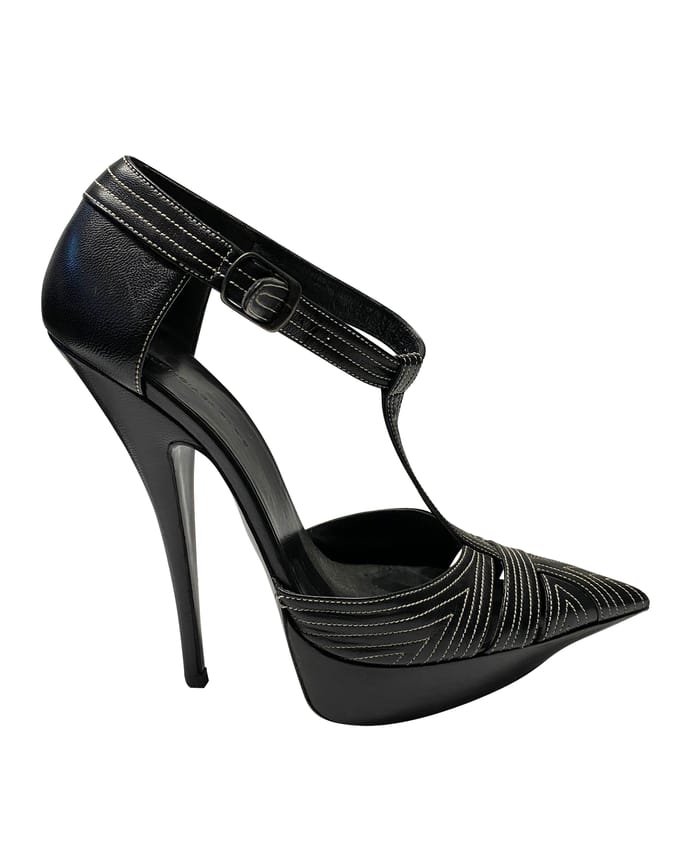Balenciaga T-Strap Contrast Stitch Hakken in Zwart Leer