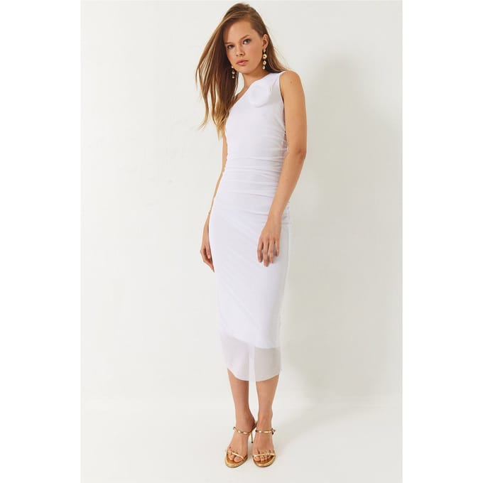 Asymmetrische Kraag Midi Jurk met Strik