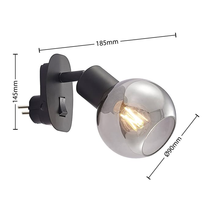 Lindby - wandlamp - 1licht - staal, glas - H: 14.5 cm - E14 - zwart, smoke