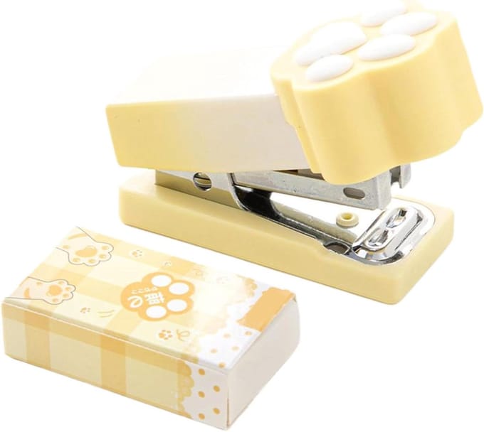 Mini Nietmachine - Kantoor Accessoire - Papier Binden - Leuk Kattenpoot Design - 2-15 Vel - Geel
