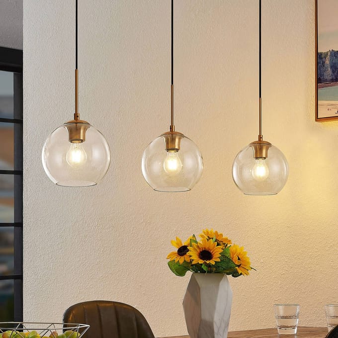Lindby - hanglamp - 3lichts - Staal, glas - H: 17.5 cm - E27 - messing, transparant, zwart