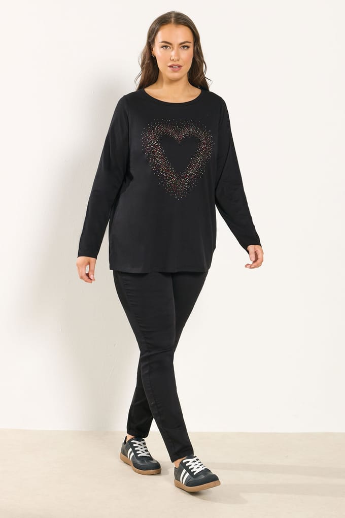 Yours Zwart Tshirt Met Lange Mouwen En Hart Met Studs Size 42