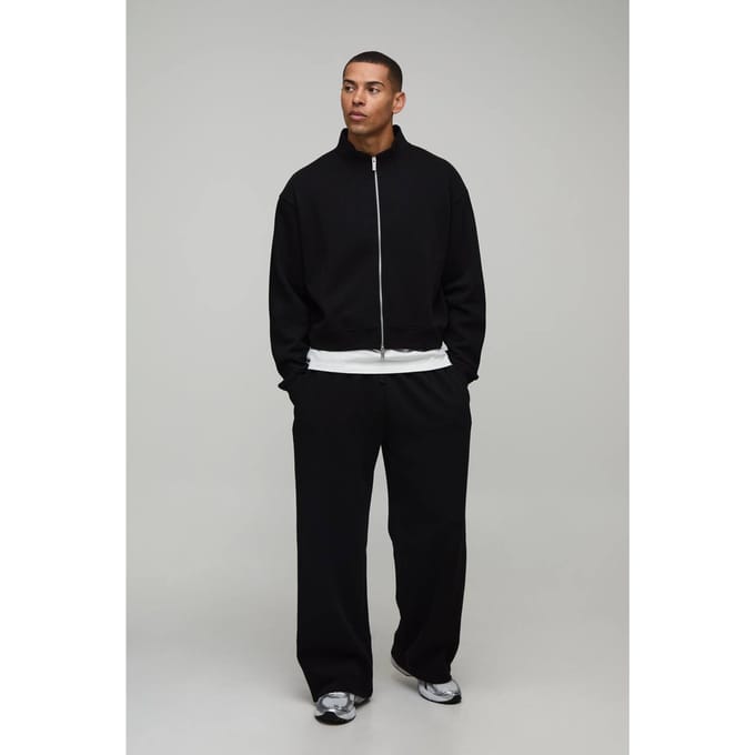 Oversized Verkort Trainingspak Met Ritssluiting, Col En Wijde Pijpen Joggingbroek | Black | Size Medium