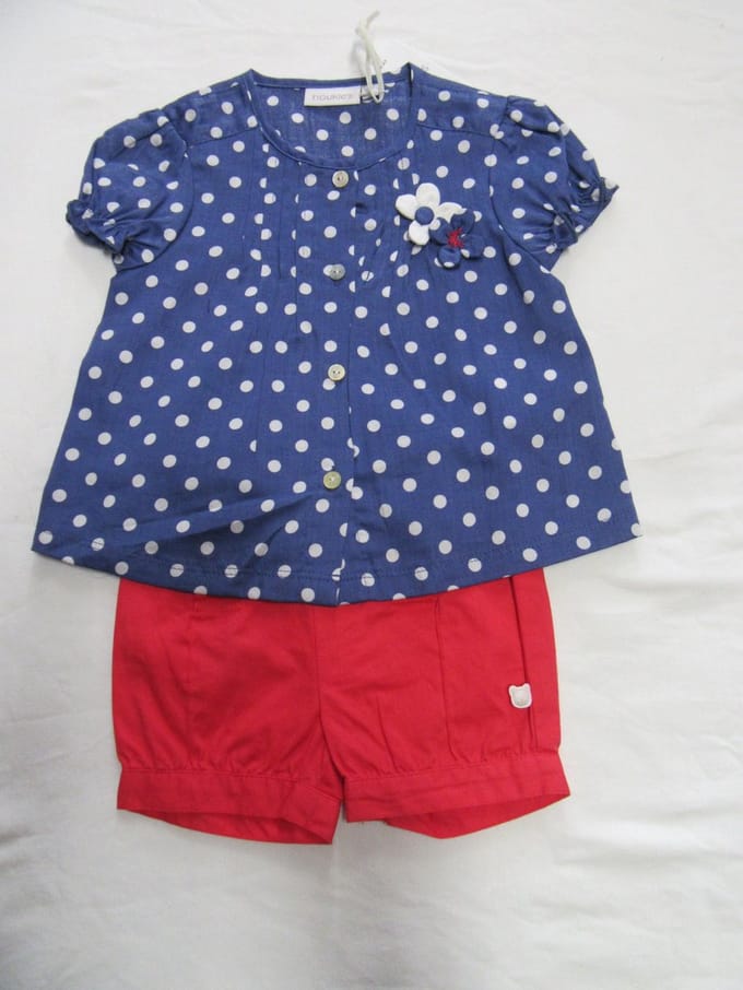 Noukie's - Kledingset - Bloesje+ short - Marine met stip + rood - 12 maand 80