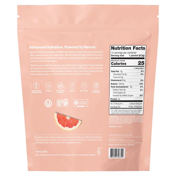 Cure Hydration, Mélange d'électrolytes hydratant, Pamplemousse, 14 Sachets, 0,29 oz (8,3 g) Chaque