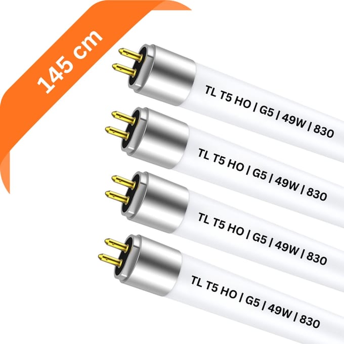 4x T5 TL buizen 145 cm – 830 Warm Wit 3000K – 49W – G5 fitting – 4312 lumen – Ø 1.6 cm