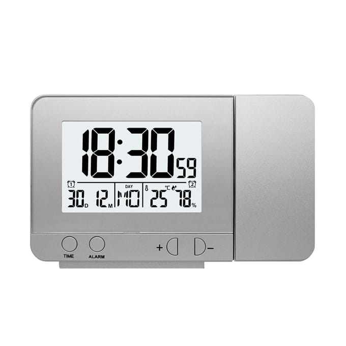 Projectiewekker voor slaapkamer met thermometer en hygrometer Digitale projectplafondklok zilver