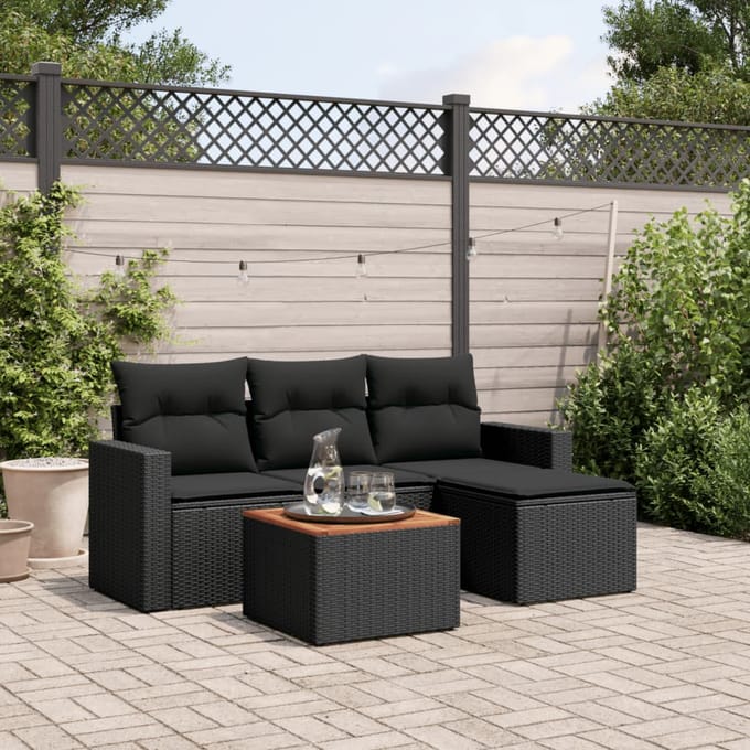 vidaXL - 5-delige - Loungeset - met - kussens - poly - rattan - zwart