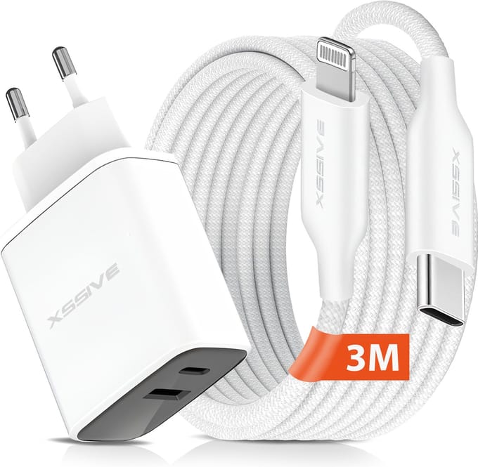 USB C Oplader met Oplaadkabel 3M - Geschikt voor Apple Lightning, iPhone 14 13 12 11 Pro Max Mini Plus, iPad 2018 2019 2020 2021 2022
