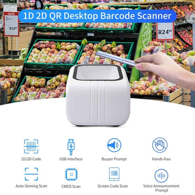 Plateforme Scanner Code-barres 1D 2D QR avec Invite Vocale Annonce Lecteur de Code-barres Filaire USB Mains Libres Capteur d'Image CMOS blanc