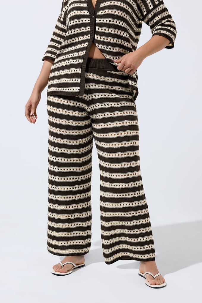 Limited Collection Chocoladebruine Gestreepte Gehaakte Wijde Broek Size 46-48