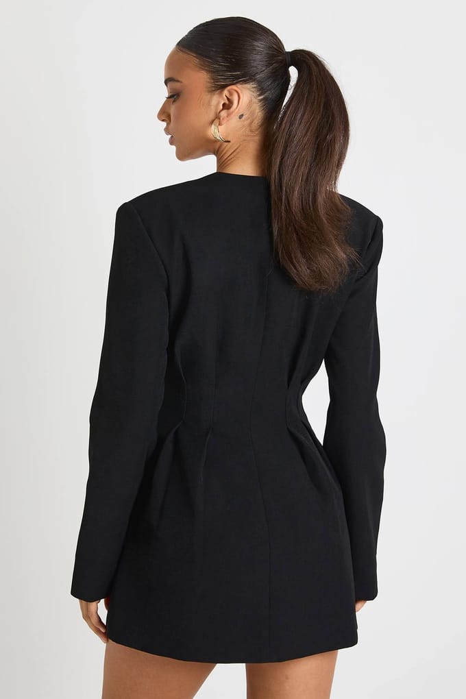 boohoo Dames Lange mouw kraagloze getailleerde mini-jurk | Zwart | Maat: 36
