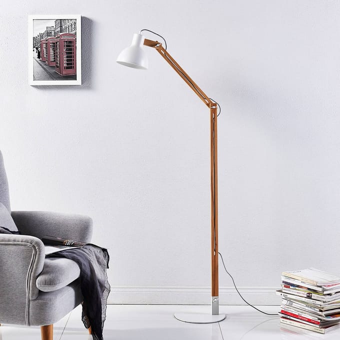Lindby - vloerlamp hout - 1licht - Metaal, essenhout - H: 146 cm - E27 - wit, as