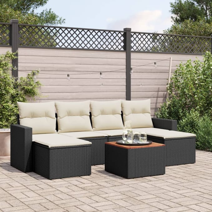 vidaXL - 7-delige - Loungeset - met - kussens - poly - rattan - zwart