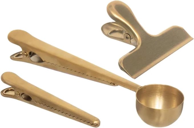 3 Sluitclips inclusief lepelclip Roestvrij Staal Goud