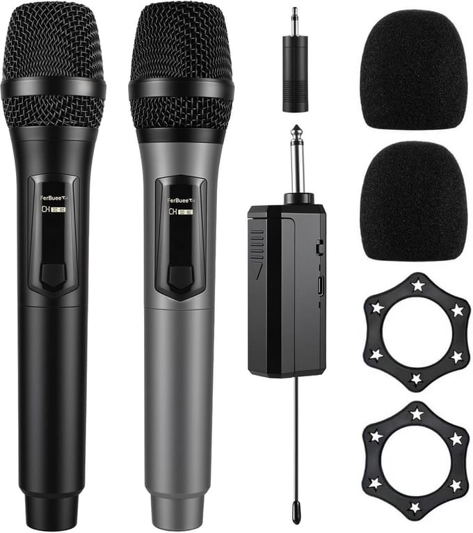 Draadloze Microfoon Set - Professioneel Systeem - Feest Karaoke - Dubbele Handheld - 640 Gram - Zwart Grijs