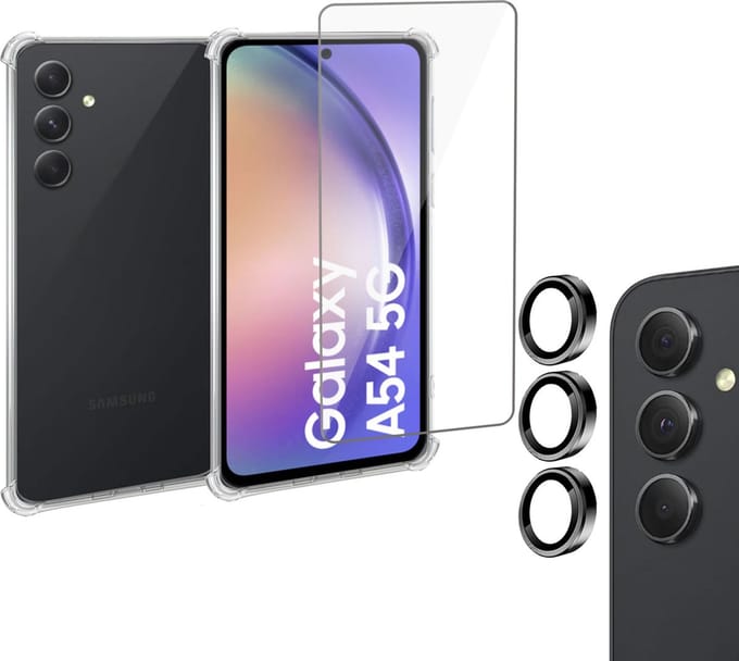Geschikt voor Samsung A54 Hoesje + Screenprotector + Camera Beschermglas – Gehard Glas Screen Cover Protector